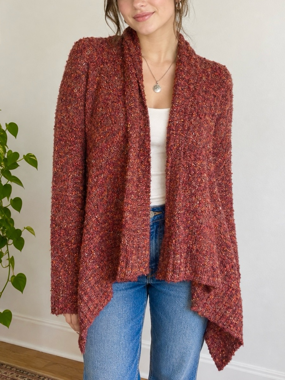 Buffalo Angora Cozy Rustic Rust Orange Open Front Oversized Cardigan Sweater